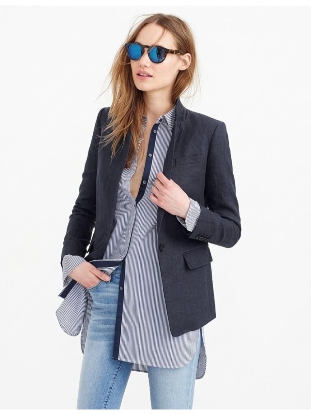 NWT J.Crew Petite Regent Blazer in Navy Blue Linen Single Button Jacket 10P